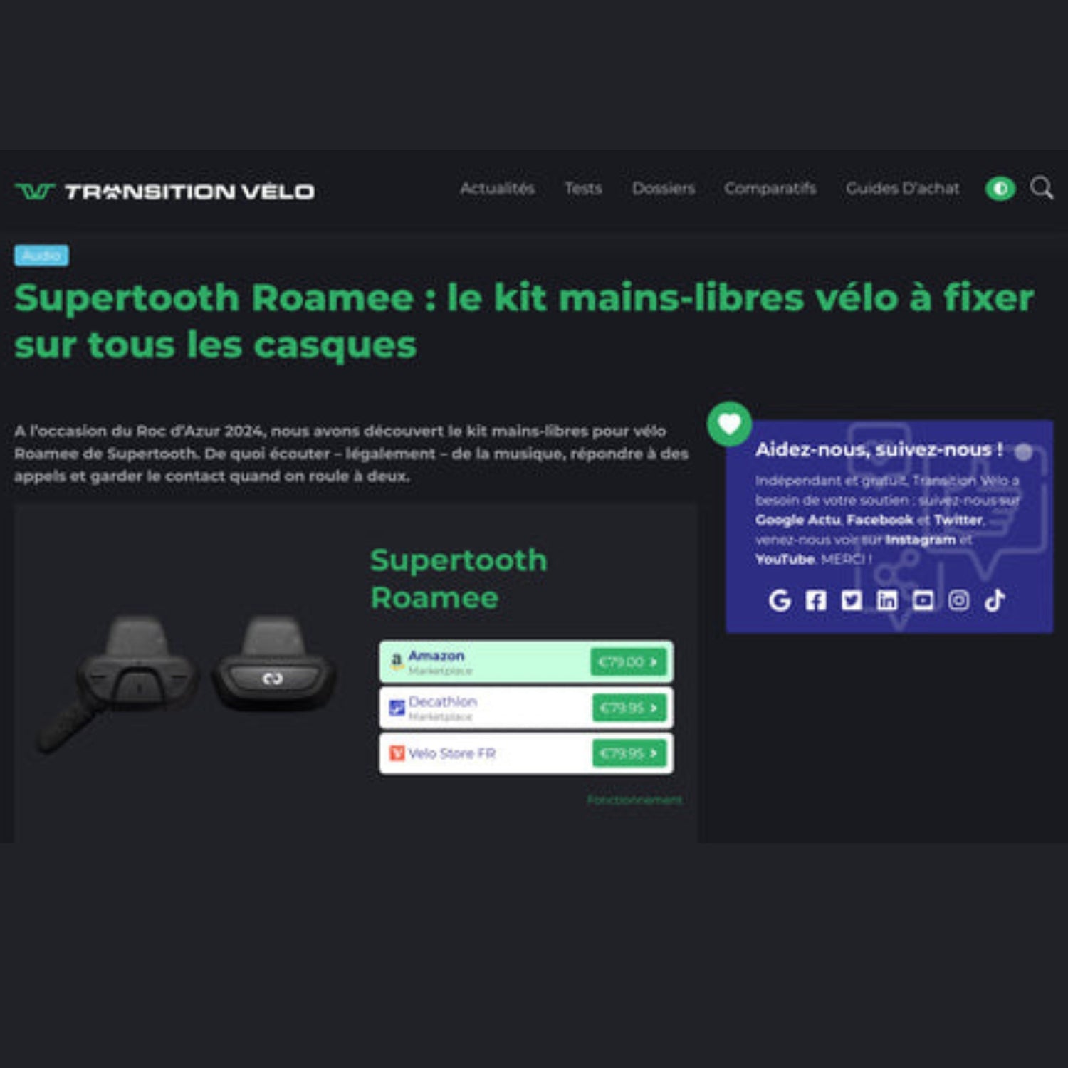 Supertooth Roamee: Best Hands-Free Cycling Kit with Bluetooth & Open-Ear Tech (Transition Vélo Magazine)